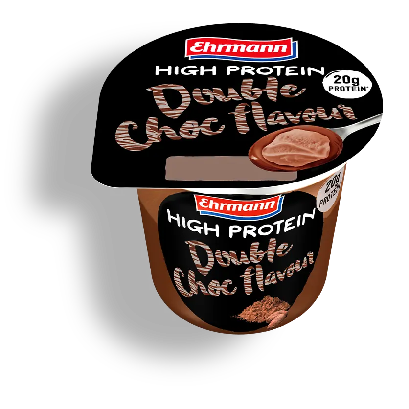 EHRMANN HIGH PROTEIN PUDDING ДВОЕН ШОКОЛАД С ТОПИНГ - Два шоколадови слоя. Едно голямо изкушение. – 200 г