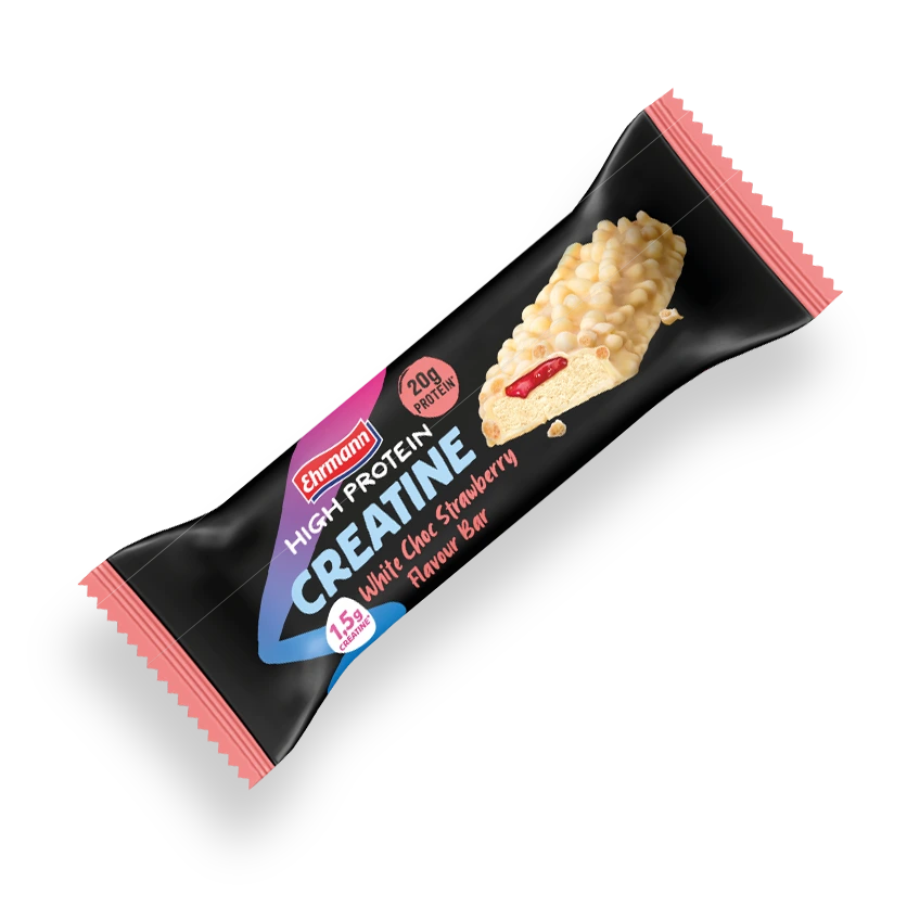 EHRMANN HIGH PROTEIN BAR БЯЛ ШОКОЛАД И ЯГОДА С КРЕАТИН - Ягодово настроение в бяла шоколадова прегръдка. – 60 г